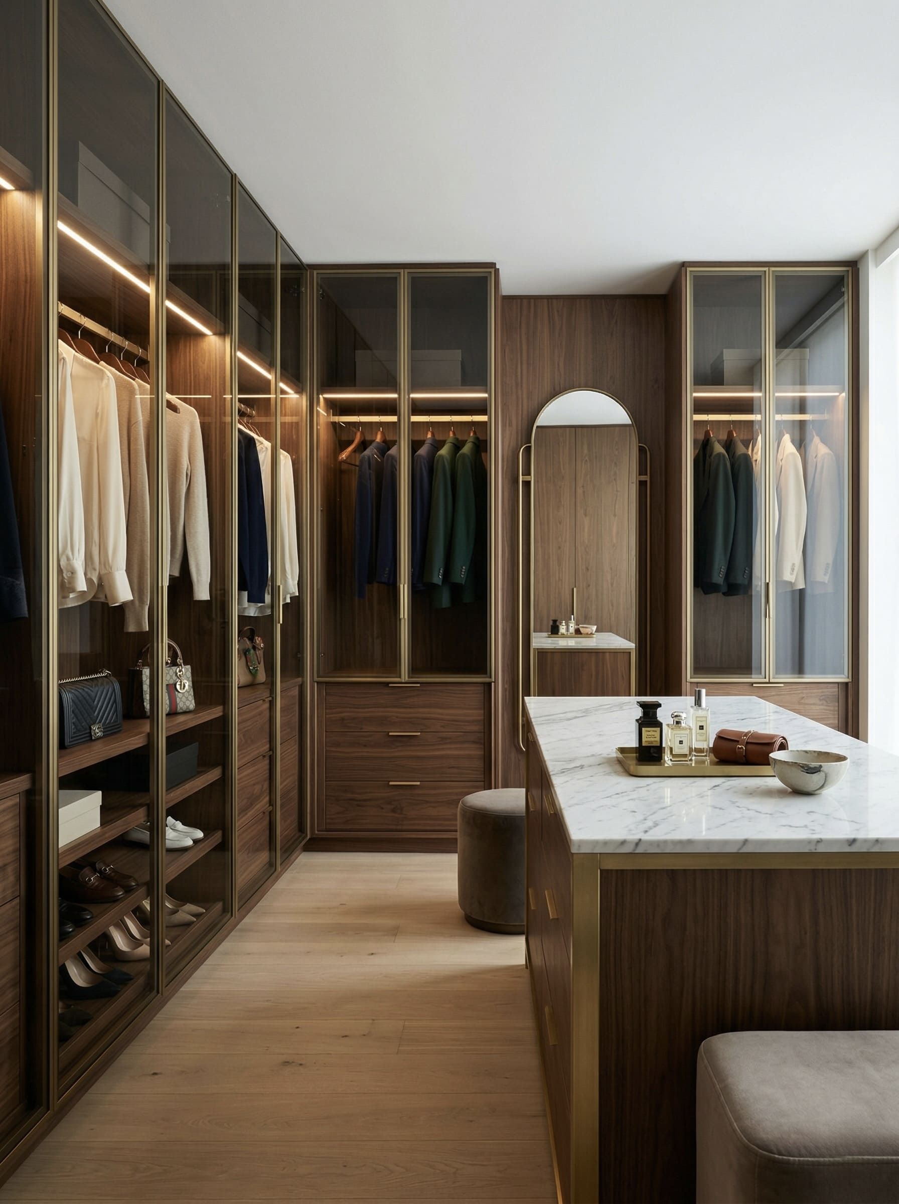 Гардеробная BOSS ART со стеклянными фасадами и подсветкой